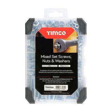 Timco TRAY620 Mixed Pack Of Set Screws, Nuts & Washers in Reusable Pack (199 Piece)