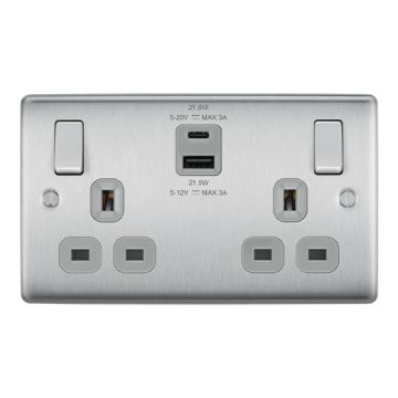 BG NBS22UAC22G Nexus Brushed Steel Double Switched 13A 2 Gang Socket with USB A+C