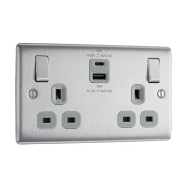 BG Electrical NBS22UAC45G-01 Brushed Steel Double Switched 13A 2 Gang Socket With USB A+C
